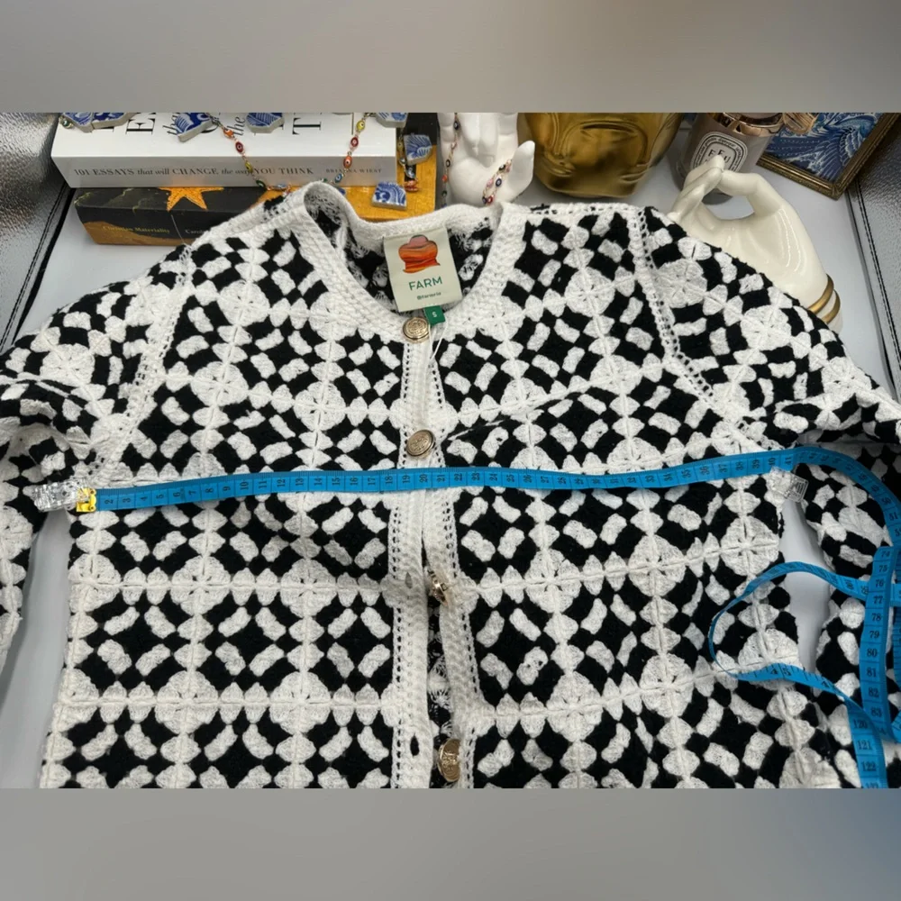 🆕 FARM Rio 🧿 NWT Patch Crochet Black & White Monochrome Button Up Jacket, Sz S - Picture 16 of 16